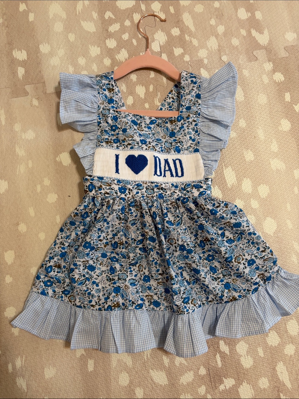 Blue Floral 'I ♥ DAD' Smocked Ruffle Kids Dress